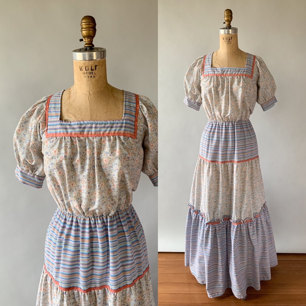 Vintage 1970s Blue Pink Floral Patchwork Tiered Ruffled Maxi Dress Small Medium